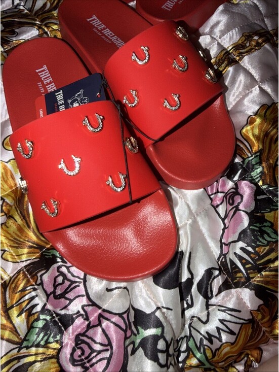 True Religion Shoes - True Religion Womens Sandals Red  Mini Bling Logos NWT